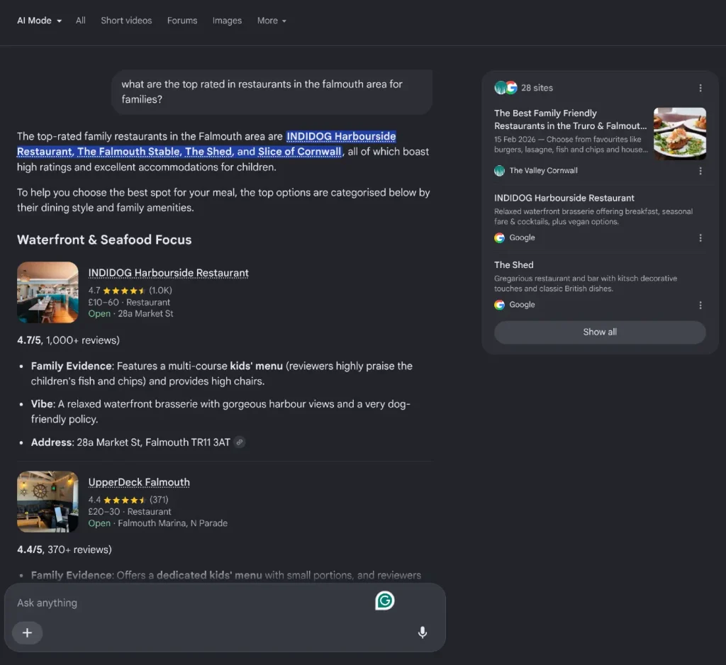AI mode for a Cornish search