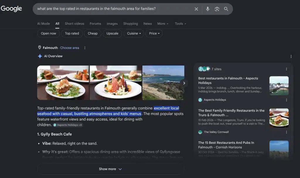 Google AI Overviews search for Cornish restaurants