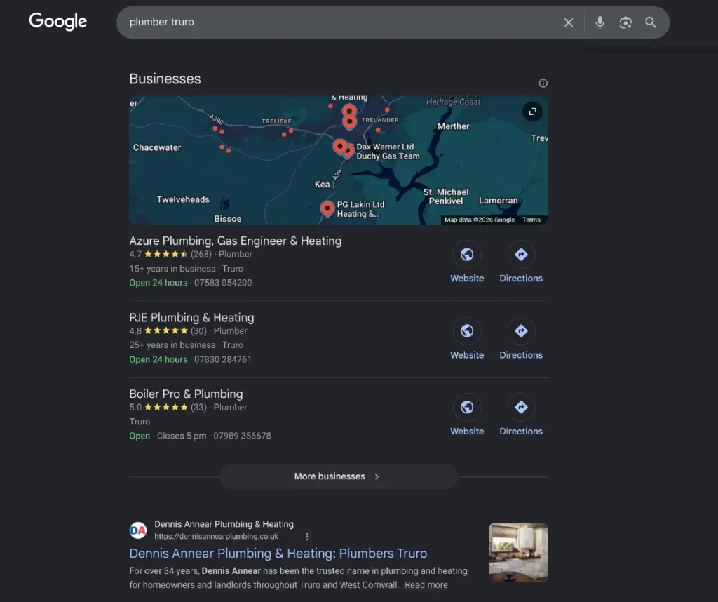 Google local search for Truro plumbers