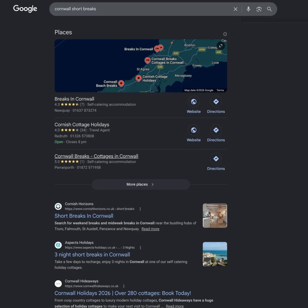 Google search for Cornwall short breaks