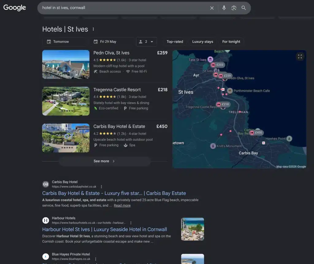 Organic search results for hotel in St Ives