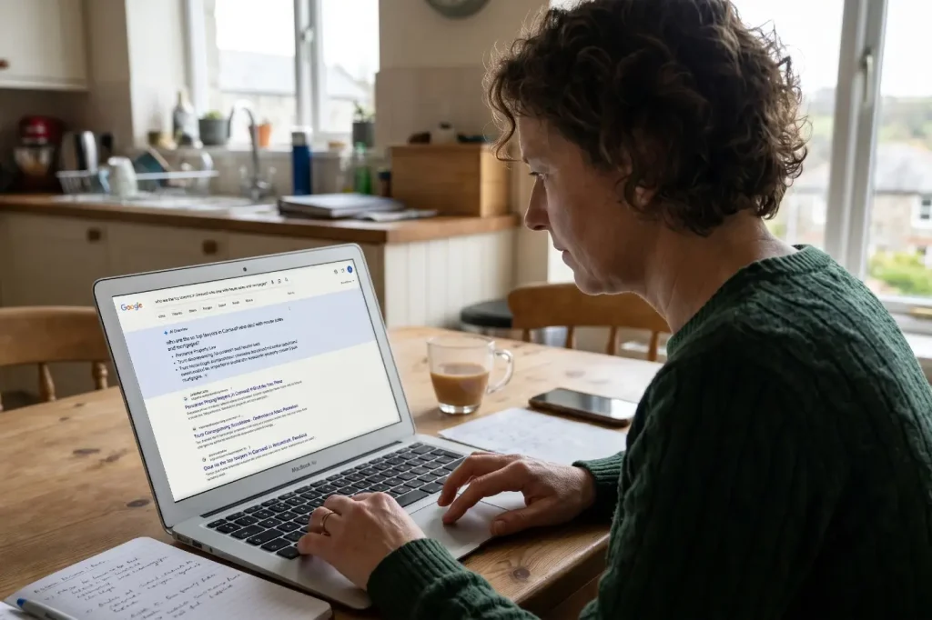 Person searching on Google and an answer in AI Overviews