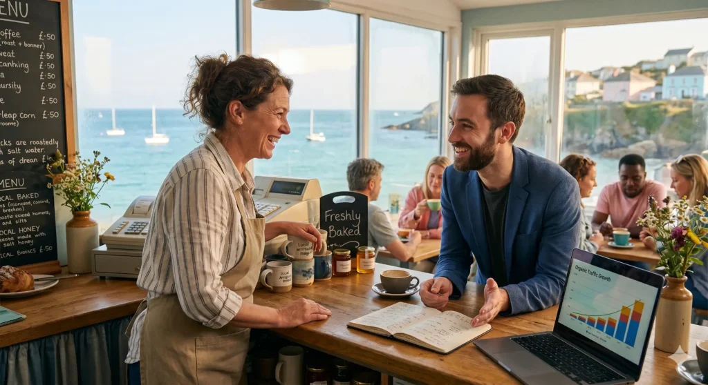 SEO consultant meeting with Cornish cafe owner