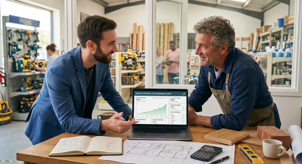 SEO consultant showing a builders merchants client an SEO report